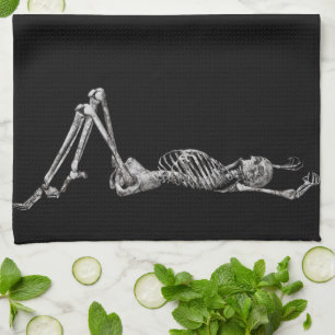 Skeleton Laying Down Black Halloween Tea Towel