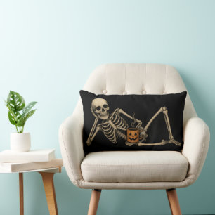 Skeleton Laying Down Halloween Lumbar Pillow Black