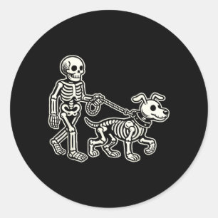 Skeleton Leads Dog Funny Skull Pet for Halloween Classic Round Sticker