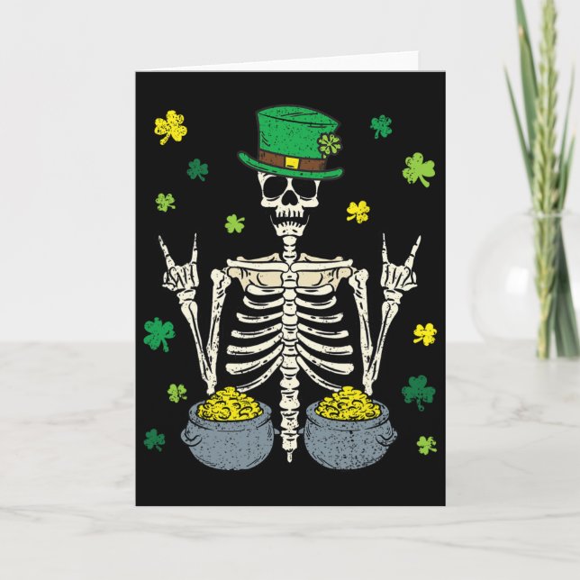 Skeleton Leprechaun St Patricks Day Shamrock Clove Card (Front)