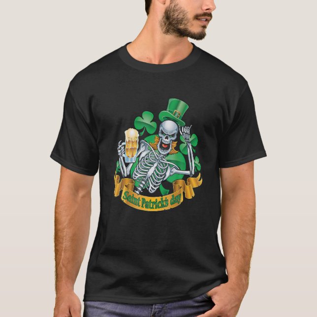 Skeleton Leprechaun With Shamrock Beer For St Patr T-Shirt (Front)
