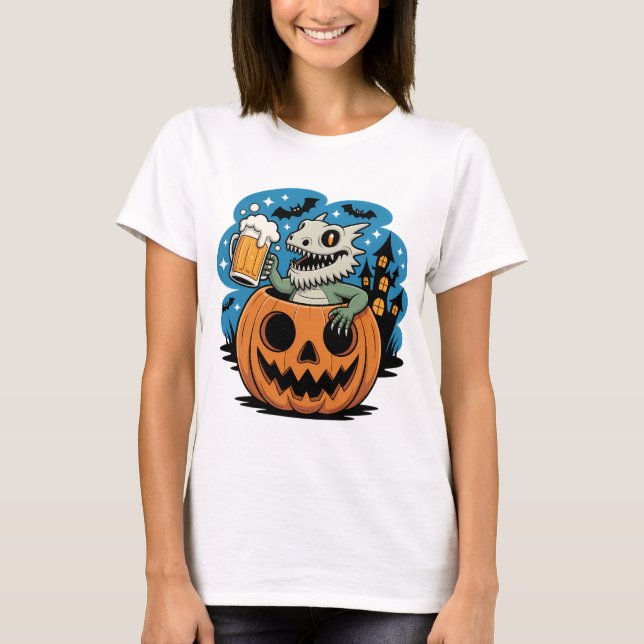 Skeleton Lizard in Pumpkin with Beer Mug T-Shirt (Front)