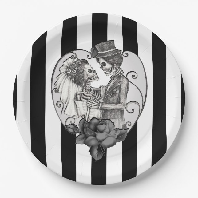Skeleton Love Couple Marriage Dance Gothic Wedding Paper Plate (Front)