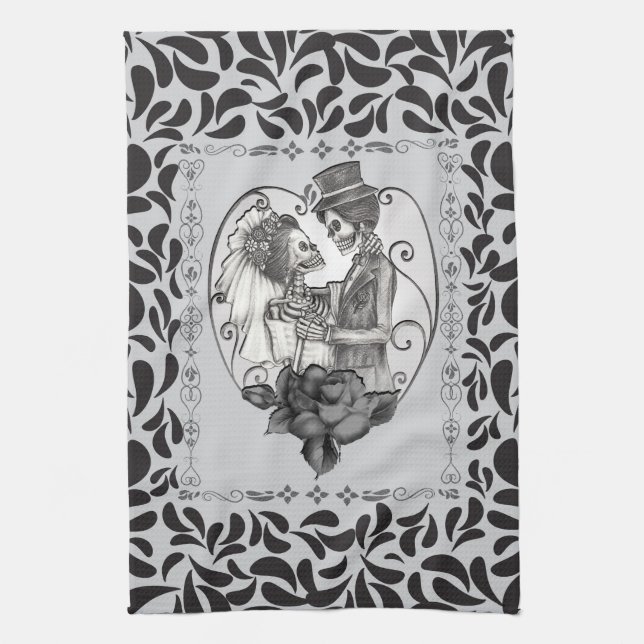 Skeleton Love Couple Marriage Dance Tea Towel (Vertical)