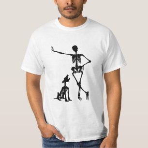 skeleton man and pet skeleton dog silhouette art T-Shirt