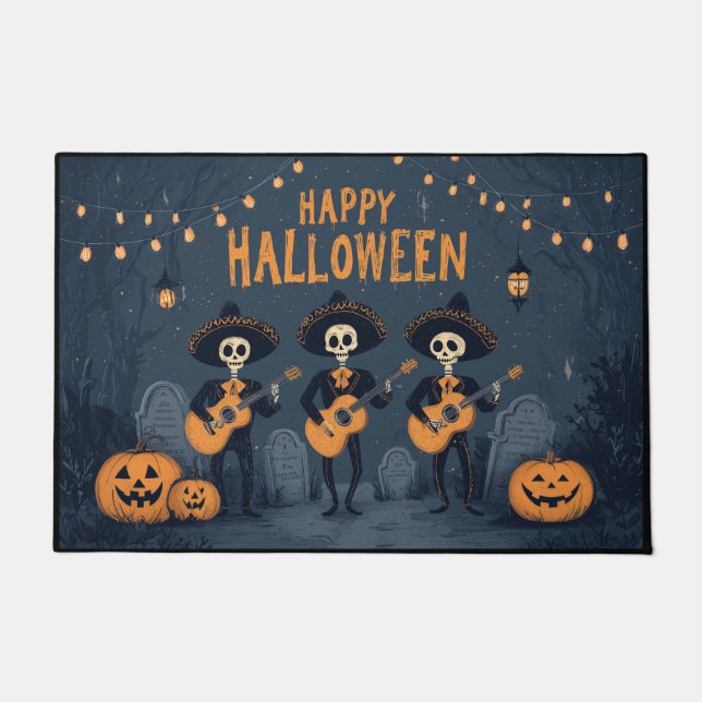 Skeleton Mariachi Band Happy Halloween Doormat (Front)