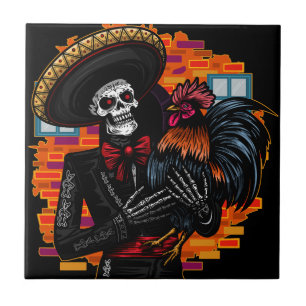 Skeleton Mariachi with Rooster Tile
