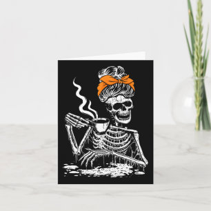 Skeleton Messy Bun Coffee Drinking Halloween Costu Card