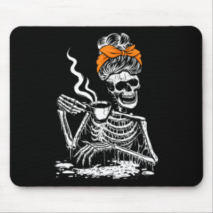 Skeleton Messy Bun Coffee Drinking Halloween Costu Mouse Pad