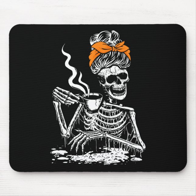 Skeleton Messy Bun Coffee Drinking Halloween Costu Mouse Pad (Front)