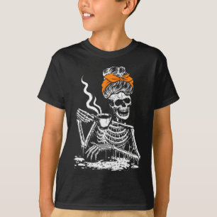 Skeleton Messy Bun Coffee Drinking Halloween Costu T-Shirt