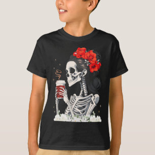 Skeleton Messy Bun Coffee Funny Costume Mum Women T-Shirt