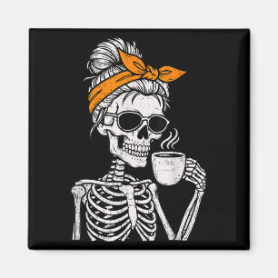 Skeleton Messy Bun Drinking Coffee Halloween Costu Magnet