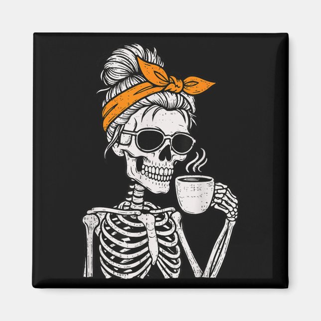 Skeleton Messy Bun Drinking Coffee Halloween Costu Magnet (Front)