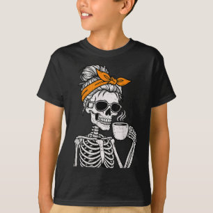 Skeleton Messy Bun Drinking Coffee Halloween Costu T-Shirt
