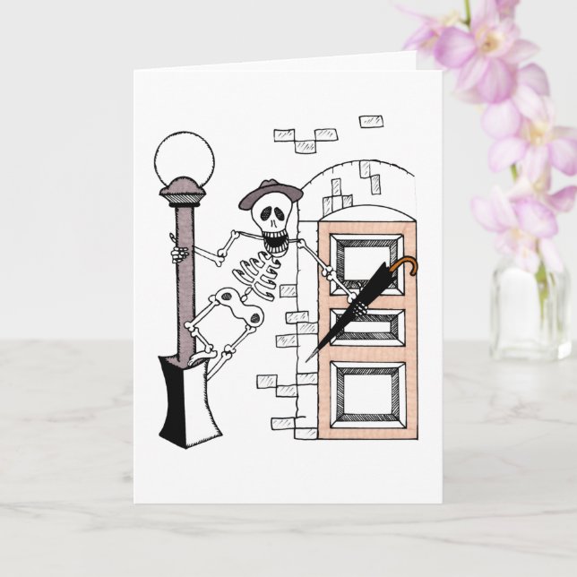 Skeleton Movie Star Singing in Rain with Umbrella  Card (Orchid)