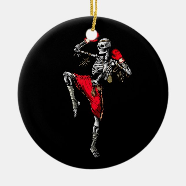 Skeleton Muay Thai Halloween Kickboxing MMA Fighte Ceramic Tree Decoration (Front)