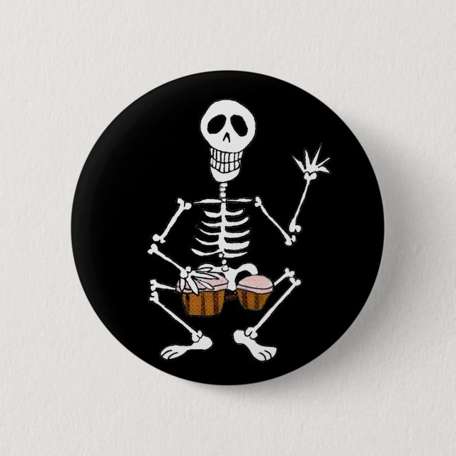 Skeleton Musician Drummer on Bongo Drums  6 Cm Round Badge (Front)
