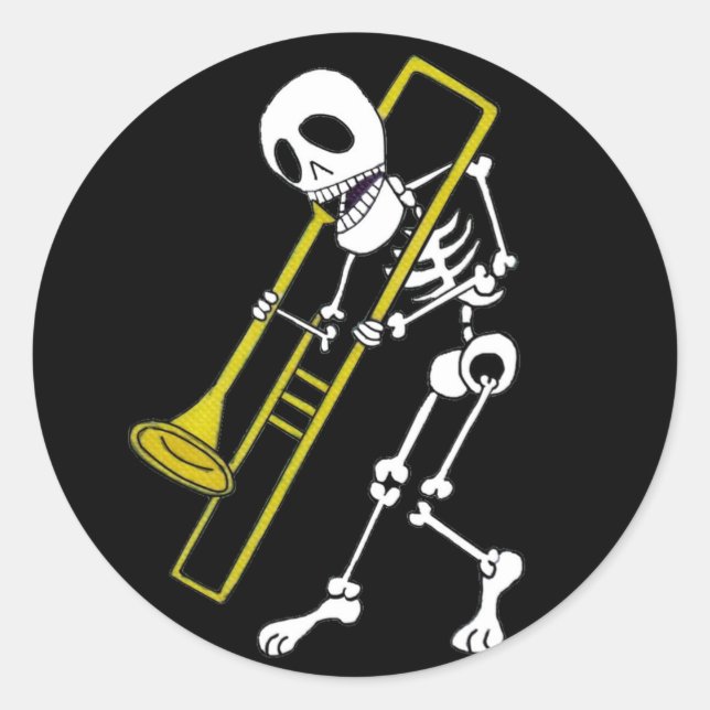 Skeleton Musician Trombone  Player Classic Round Sticker (Front)