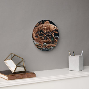 skeleton on a chopper mounted with a wolf head round clock