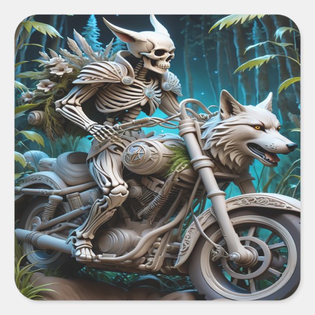 skeleton on a chopper mounted with a wolf head square sticker (Front)