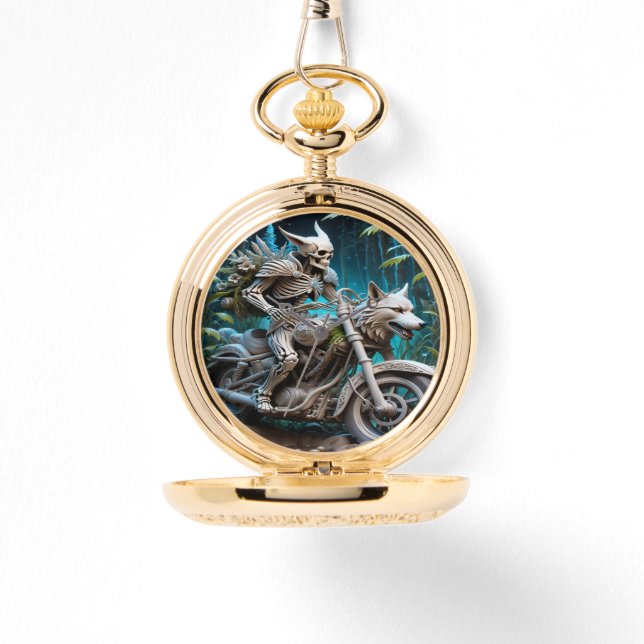 skeleton on a chopper mounted with a wolf head watch (Front)