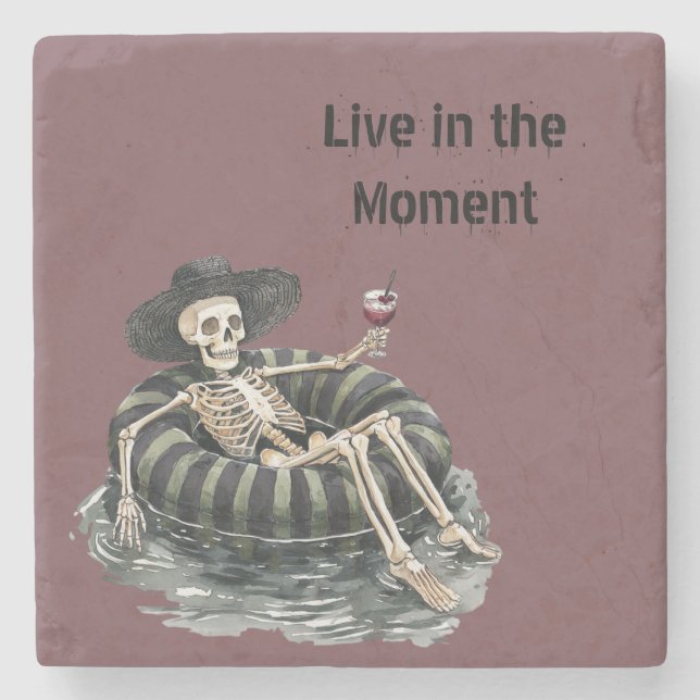Skeleton on Float with Drink   Stone Coaster (Front)