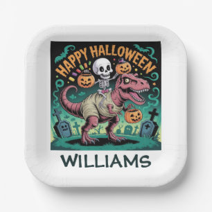 Skeleton on Mummy T-Rex – Spooky Dino Rider Paper Plate