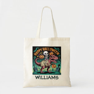 Skeleton on Mummy T-Rex – Spooky Dino Rider Tote Bag