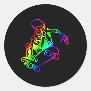 Skeleton On Skateboard Rainbow Skater Outline Skat Classic Round Sticker