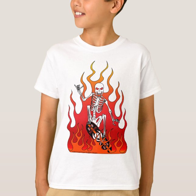 Skeleton on Skateboard with Flames Kid's T-shirt (Front)