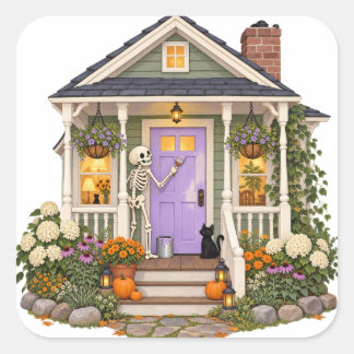 Skeleton Painting the Porch Purple Halloween Stick Square Sticker