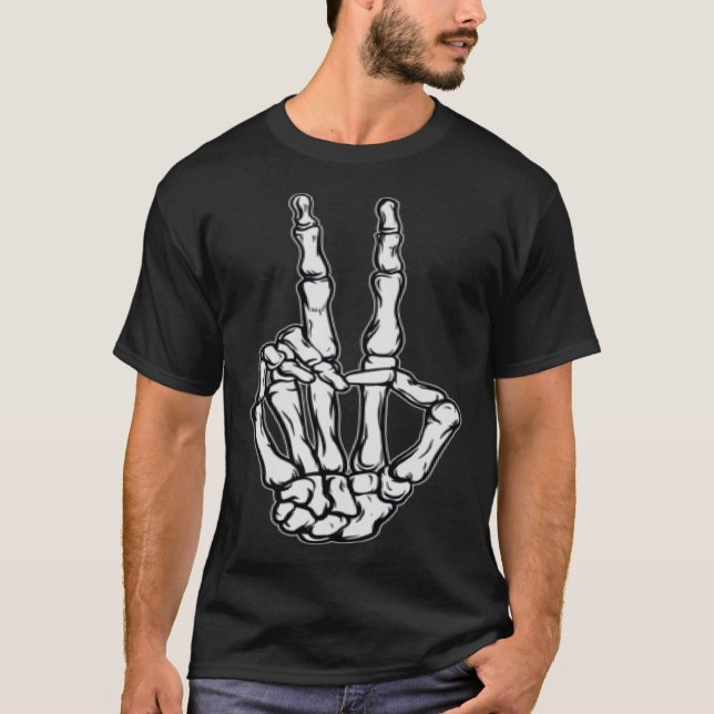 Skeleton Peace Sign Victory Hand Sign Pocket T-Shirt (Front)