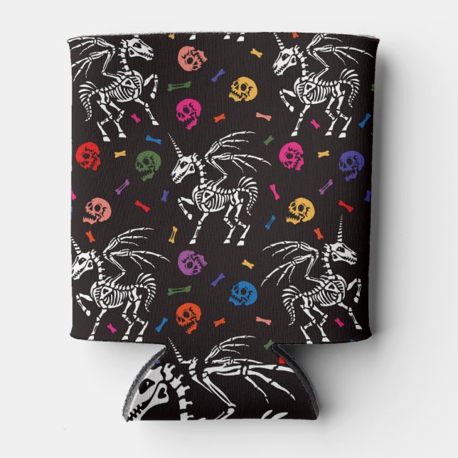 Skeleton Pegasus: colourful skulls pattern. Can Cooler (Front)