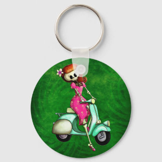 Skeleton Pin Up Girl on Scooter Key Ring