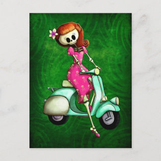 Skeleton Pin Up Girl on Scooter Postcard