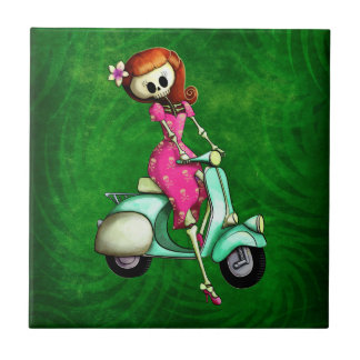 Skeleton Pin Up Girl on Scooter Tile