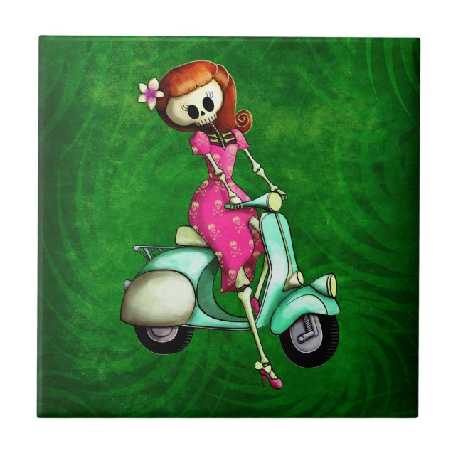 Skeleton Pin Up Girl on Scooter Tile (Front)
