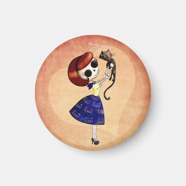 Skeleton Pin up Girl with her Cat Magnet (Front)