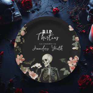 Skeleton Pink Floral RIP 30s 40th Birthday Party Paper Plate