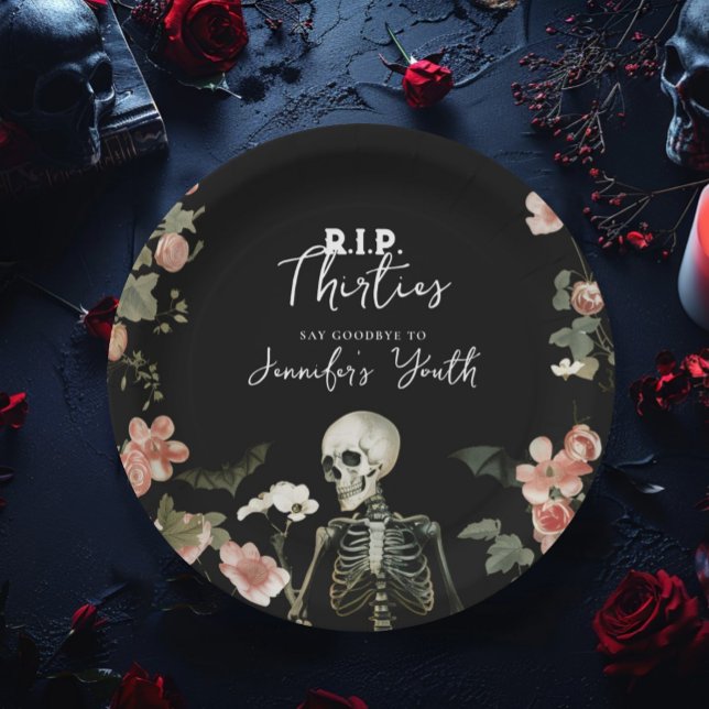 Skeleton Pink Floral RIP 30s 40th Birthday Party Paper Plate (Creator Uploaded)