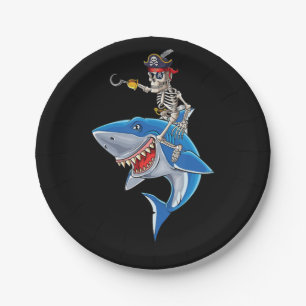 Skeleton Pirate Riding Shark Cute Boys Halloween Paper Plate