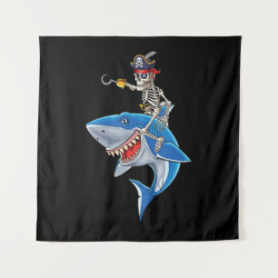 Skeleton Pirate Riding Shark Cute Boys Halloween Tapestry