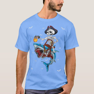 Skeleton Pirate Riding Shark Halloween Costume T-Shirt