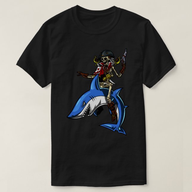 Skeleton Pirate Riding Shark T-Shirt (Design Front)