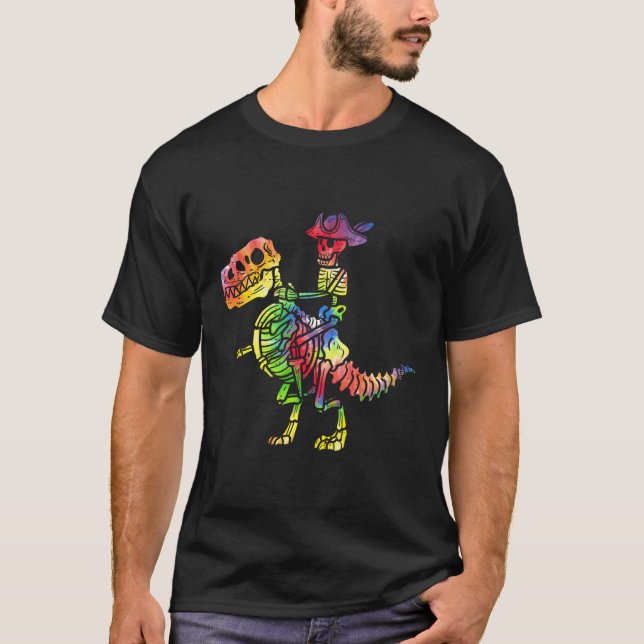 Skeleton Pirate T Rex Dinosaur Tie Dye Halloween C T-Shirt (Front)