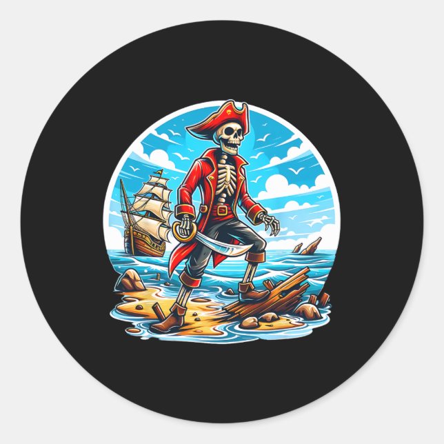 Skeleton Pirate Tee Skull Halloween Skeleton Pirat Classic Round Sticker (Front)