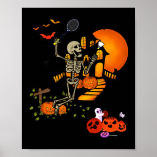 Skeleton Playing Badminton Sport Scary Halloween C Poster