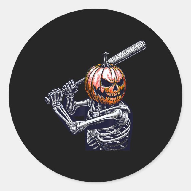 Skeleton Playing Baseball Player Halloween  Classic Round Sticker (Front)