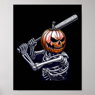 Skeleton Playing Baseball Player Halloween  Poster